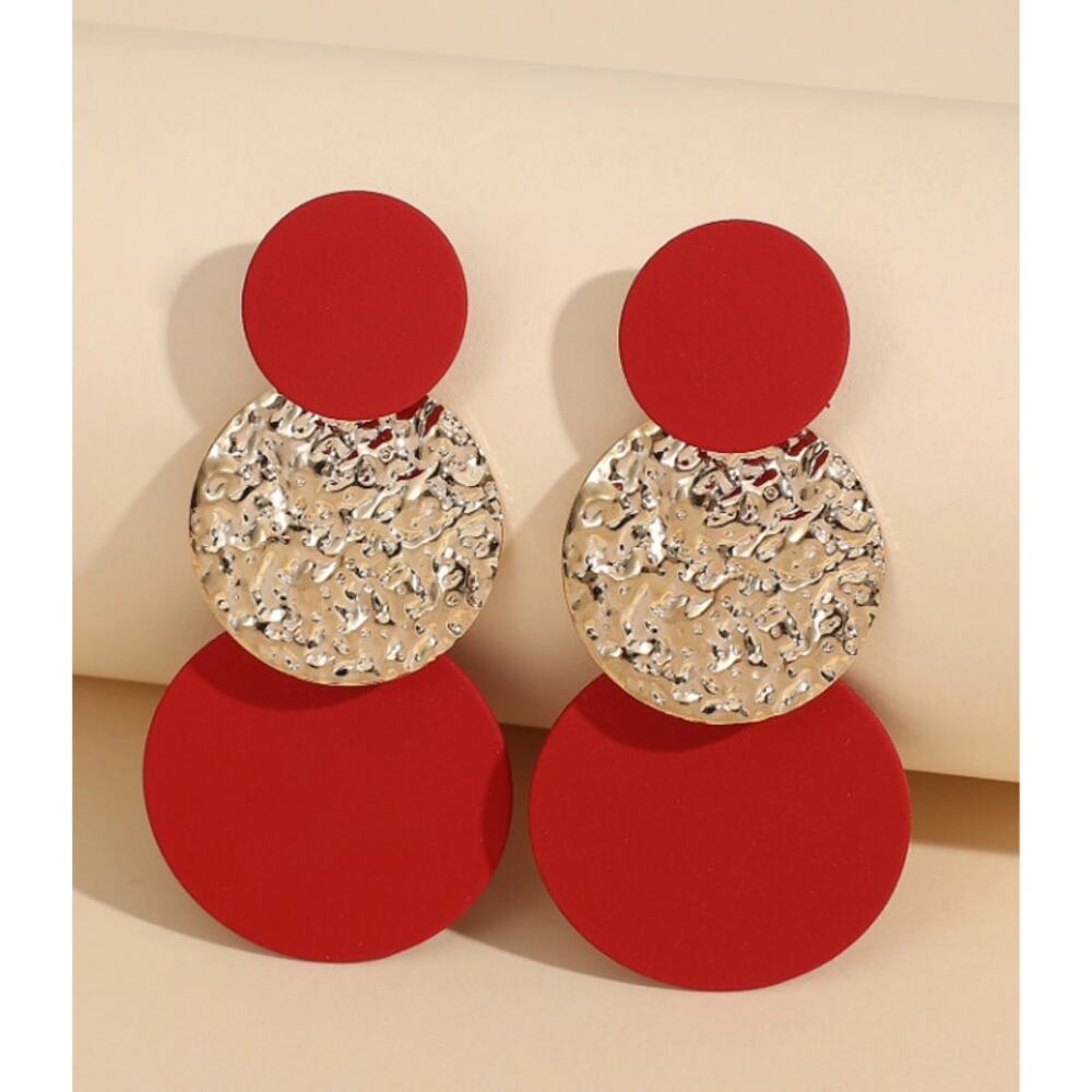 Bold Red & Gold Circle Drop Earrings – Textured Statement Dangle